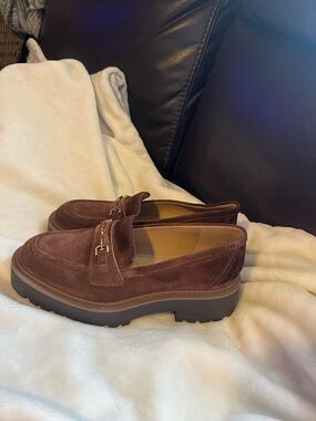 Sam Edelman Brown Suede Lug-Sole Loafers with Gold Bit